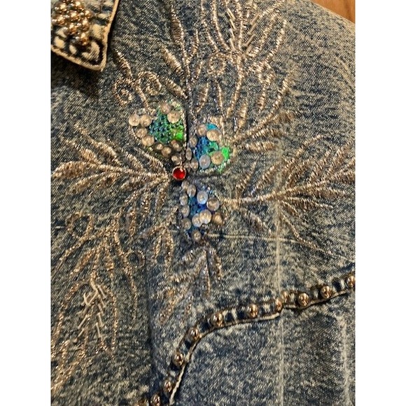 VTG Acid Wash Denim Embellished Western Style Button Shirt by Pretty Bleu Large‎ - Picture 4 of 6